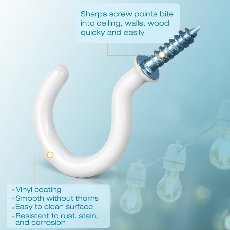 Pylevemv 110Pcs Premium Screw Hooks  5 Sizes White Vinyl Coated Cup Hook  from1/2 in Small Hooks to 1-1/2 in Ceiling Hooks Heavy Duty  Screw in Hooks for Hanging Plants  String Lights - Image 3